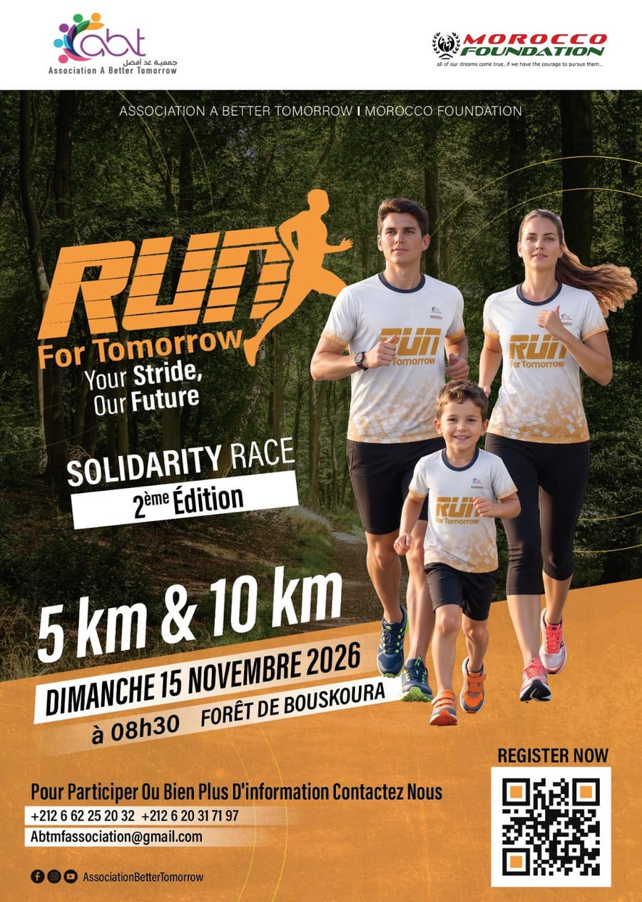 Affiche Run for Tomorrow — Dimanche 15 novembre 2026, Forêt de Bouskoura, Casablanca